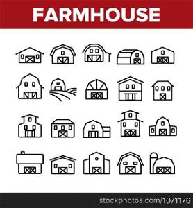 Farmhouse Collection Elements Icons Set Vector Thin Line. Barn, Farmhouse And Farm Building, Storage For Agricultural Product Concept Linear Pictograms. Monochrome Contour Illustrations. Farmhouse Collection Elements Icons Set Vector