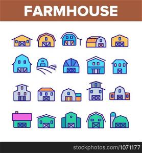 Farmhouse Collection Elements Icons Set Vector Thin Line. Barn, Farmhouse And Farm Building, Storage For Agricultural Product Concept Linear Pictograms. Color Illustrations. Farmhouse Collection Elements Icons Set Vector