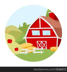Farmhouse flat concept icon. Countryside house, ranch yard with apple orchard sticker, clipart. Village farming, agriculture. Farmland with barn. Isolated cartoon illustration on white background