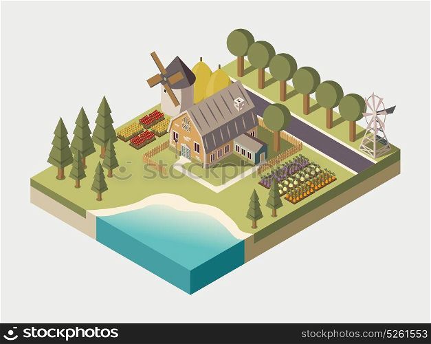 Farmhouse Isometric Illustration . Farmhouse with track windmill garden beds and trees stacks of hay lake and road isometric vector illustration