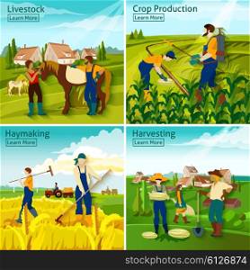 Farming 2x2 Design Concept . Farming 2x2 design concept with farmers busy in livestock crop haymaking harvesting flat vector illustration
