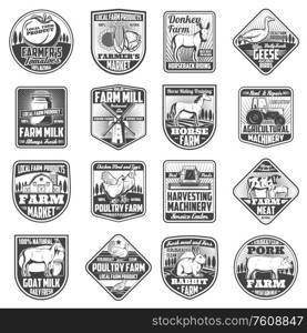 Farming agriculture, poultry and cattle farm vector icons. Agricultural harvesting machinery, organic dairy and vegetable products, natural meat of cow, rabbit, and pork, farmer market signs. Agriculture farming icons, cattle and poultry farm