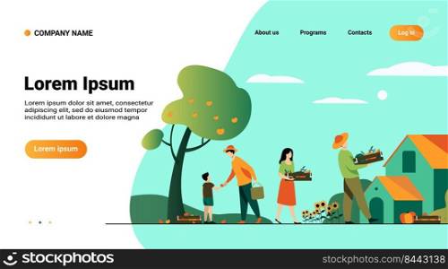Farming and agriculture concept. Farmers picking fruits under tree, carrying crates with vegetables from plantation. Vector illustration for gardening, autumn, harvest season topics