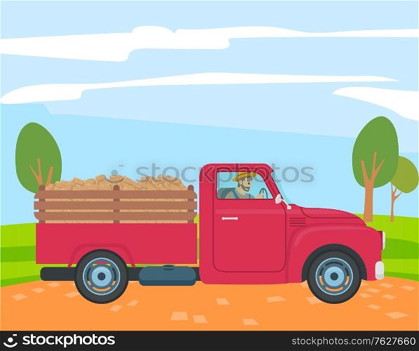 Farming and agriculture, farmer driving truck with potato in trunk vector. Food or harvest transportation to market, countruside and vegetables cultivation. Application game development scene. Farmer Driving Truck with Potato in Trunk, Farming