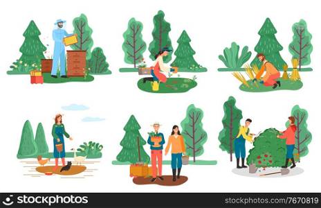 Farming and agriculture, farmers and beekeeping, planting and harvest vector. Home poultry, men and women, honey production and vegetables. Hay stacks and feeding birds, bushes cutting illustration. Beekeeping and farming, agriculture and farmers isolated icons