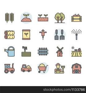 Farming and agriculture icon and symbol set in color outline design