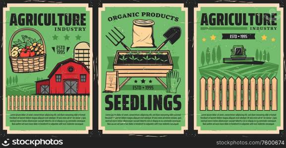 Farming and agriculture industry, farmland fields harvesting, vector vintage poster. Farmer machinery, gardening and agronomy cultivation tools, seedling equipment, organic bio vegetables farming. Agriculture industry, cultivation farming agronomy