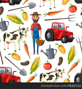 Farming and agriculture seamless pattern. Vector background of farmer agronomist, cattle farm cow or harvesting tractor and corn or carrot vegetables harvest and farm pitchfork pattern. Farmer agriculture, cattle farm seamless pattern