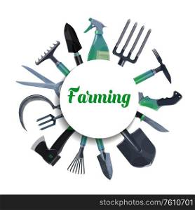 Farming and gardening tools, garden and farm plant equipment, vector frame. Farming and gardening rake and spade, pitchfork and shovel, ax, chopper and sickle, garden clippers tools in frame. Farming and gardening tools, agriculture equipment