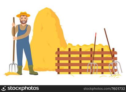 Farming and husbandry vector, farmer with hayfork working with hay isolated haystack and wooden fence. Harvesting autumn season man with instrument. Farmer Working on Field, Hay Dried Grass Vector