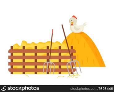 Farming atmosphere vector, farm with hayfork tool and hay bale flat style. Dried grass and wooden fence, chicken sitting on pile, pitchfork and instruments. Flat cartoon. Hayfork and Hay Bale, Chicken and Wooden Fence