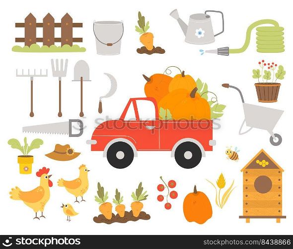 Farming big collection. Pumpkin truck, garden tools, rooster and hen, beehive and bee, carrot patch, wooden fence, straw hat and pumpkin, tomatoes and grains. Vector illustration. isolated elements