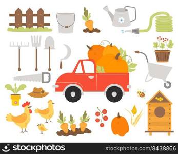 Farming big collection. Pumpkin truck, garden tools, rooster and hen, beehive and bee, carrot patch, wooden fence, straw hat and pumpkin, tomatoes and grains. Vector illustration. isolated elements