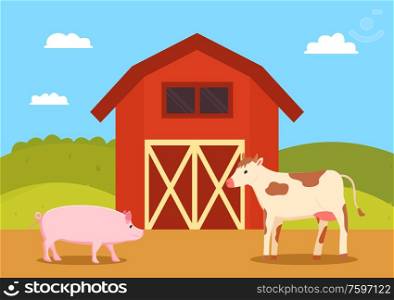 Farming building used for animals vector, cow and pig on pasture by homestead, rural area countryside of farm, nature with greenery and clear sky. Farm with Animals, Cow and Pig Cattle by Homestead