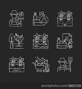 Farming chalk white icons set on dark background. Agricultural business. Rural area. Crop quality control. Innovative farm systems. Organic products. Isolated vector chalkboard illustrations on black. Farming chalk white icons set on dark background