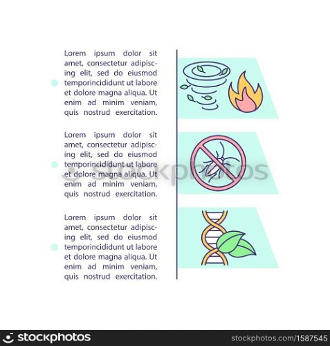 Farming challenges concept icon with text. Climate change. Farm productivity. Insects. New species. PPT page vector template. Brochure, magazine, booklet design element with linear illustrations. Farming challenges concept icon with text