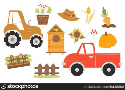 Farming collection. Tractor and car truck, potted seedlings, beehive, sunflower, straw hat and pumpkin, carrot bed, greenhouse with plants and wooden fence. Vector illustration. isolated elements