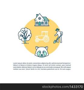 Farming concept icon with text. PPT page vector template. Agriculture and local production. Field plantation. Rural life. Brochure, magazine, booklet design element with linear illustrations. Farming concept icon with text