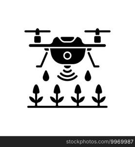 Farming drones black glyph icon. Precision agriculture. Drone mapping and analyzing. Monitor crop growth. Automation in agronomy. Silhouette symbol on white space. Vector isolated illustration. Farming drones black glyph icon