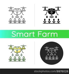 Farming drones icon. Precision agriculture. Drone mapping and analyzing. Monitor crop growth. Automation in agronomy. Linear black and RGB color styles. Isolated vector illustrations. Farming drones icon