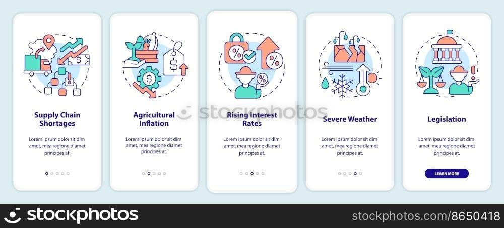 Farming economics drawbacks onboarding mobile app screen. Walkthrough 5 steps editable graphic instructions with linear concepts. UI, UX, GUI template. Myriad Pro-Bold, Regular fonts used. Farming economics drawbacks onboarding mobile app screen