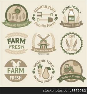 Farming harvesting and agriculture badges or labels retro vintage collection vector illustration