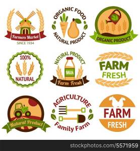 Farming harvesting and agriculture badges or labels set on white background isolated vector illustration