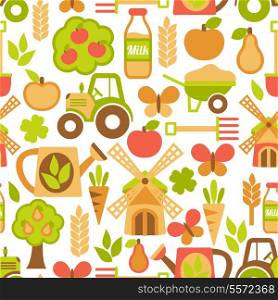 Farming harvesting and agriculture seamless pattern of mill tractor wheelbarrow and spade vector illustration