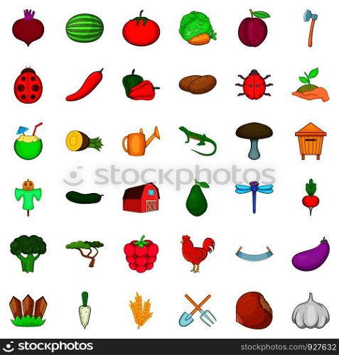 Farming icons set. Cartoon style of 36 farming vector icons for web isolated on white background. Farming icons set, cartoon style