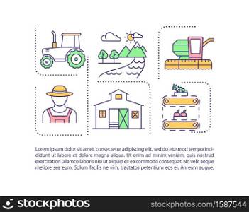 Farming industry concept icon with text. Agriculture equipment technology. Farmer. Crops producing. PPT page vector template. Brochure, magazine, booklet design element with linear illustrations. Farming industry concept icon with text