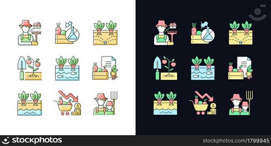Farming light and dark theme RGB color icons set. Agricultural business. Rural area. Crop quality control. Isolated vector illustrations on white and black space. Simple filled line drawings pack. Farming light and dark theme RGB color icons set