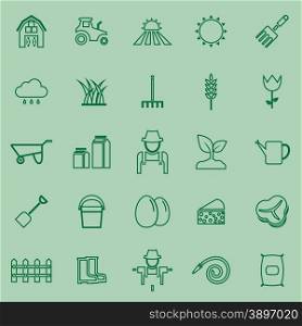 Farming line icons on green background, stock vector