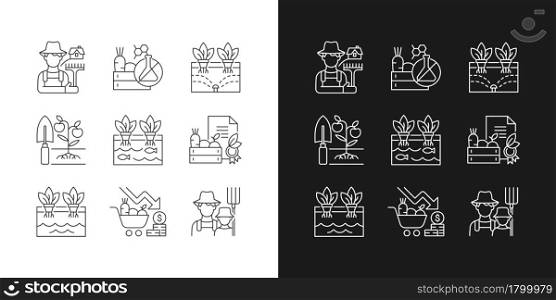 Farming linear icons set for dark and light mode. Innovative farm systems. Organic and fresh products. Customizable thin line symbols. Isolated vector outline illustrations. Editable stroke. Farming linear icons set for dark and light mode