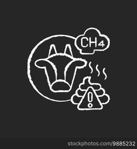 Farming livestock chalk white icon on black background. People damaging earth atmosphere. Toxic waste killing whole planat. Global environment issue. Isolated vector chalkboard illustration. Farming livestock chalk white icon on black background