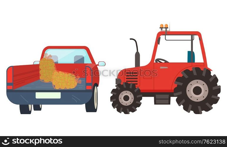 Farming machinery for agricultural works vector, isolated car lorry for transportation of items. Truck with hay tractor with pipe, farm and farming industry. Flat cartoon. Agricultural Machinery Tractor with Hay Vector