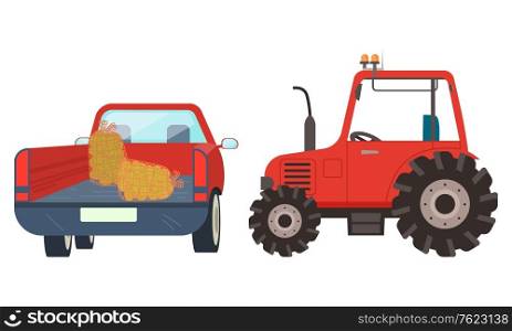 Farming machinery for agricultural works vector, isolated car lorry for transportation of items. Truck with hay tractor with pipe, farm and farming industry. Flat cartoon. Agricultural Machinery Tractor with Hay Vector