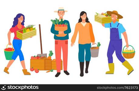 Farming man and woman with production vector, isolated farmer characters with carrots and pears in container. Lady with paprika and apples, shovel and box. Flat cartoon. Farming Farmer, Man and Woman with Vegetables