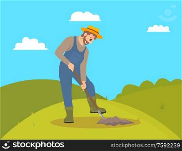 Farming man cultivating field on hill. Farmer working on land with shovel spade digging ground. Agricultural occupation and husbandry tool vector. Farming Man Cultivating Field Vector Illustration