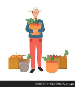 Farming man on harvesting season vector, isolated male with basket and carrots, tomatoes apples in bags and wooden containers flat style harvesting. Man Standing with Basket Filled with Carrots Vector