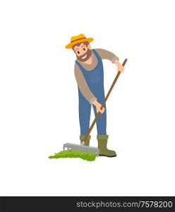 Farming man with rake working on land isolated icon vector. Farmer spreading compost on soil ground to have good harvest. Agricultural farming work. Farming Man with Rake Icon Vector Illustration