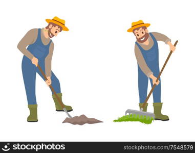 Farming people on land set vector. Isolated icons set, person with shovel cultivating land and man with rake spreading compost on soil. Farming works. Farming People on Land Set Vector Illustration