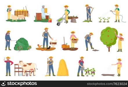 Farming people vector, beekeeping and plantation harvesting season, gathering fruits from trees and cutting bushes, watering aubergines, cow and sheep. People Farming, Cow and Sheep Tending Animals