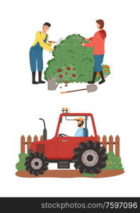 Farming people vector, man and woman cutting bushes making shape, tractor driver riding automobile for cultivation of ground. Agricultural machinery. Farming People, Tractor Driver and Gardeners Set