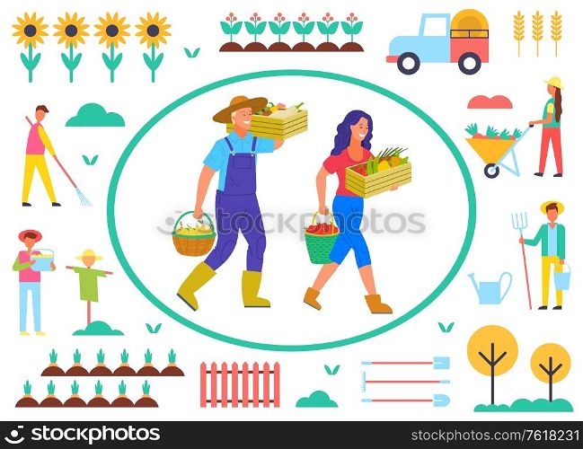 Farming people with vegetables vector, man and woman carrying gathered production. Scarecrow and sunflowers, fence and tree, carriage and tractor. Farm objects. Farming Man and Woman with Gathered Goods Vector