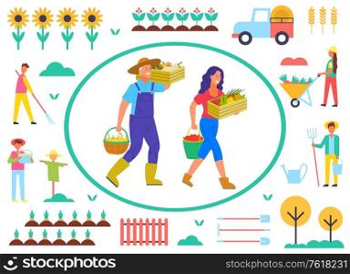 Farming people with vegetables vector, man and woman carrying gathered production. Scarecrow and sunflowers, fence and tree, carriage and tractor. Farm objects. Farming Man and Woman with Gathered Goods Vector