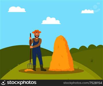 Farming person and hay bale. Man holding hayfork and smiling. Farmland field with green grass and hayrick, haystack and countryside green view vector. Farming Person and Hay Bale Vector Illustration