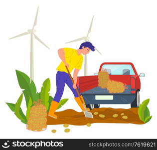 Farming person using shovel vector, man on potato plantation. Farmer on potato plantation, truck for transportation of harvested production wind turbines. Farming Person on Plantation, Tractor with Bag