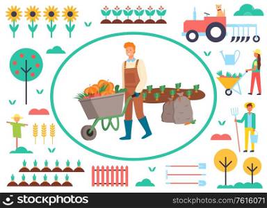 Farming person with carriage vector, man working on field, tractor machinery and tree with apples, working man and woman plantation with plants sunflowers. Man with Carriage, Wheelbarrow with Vegetables