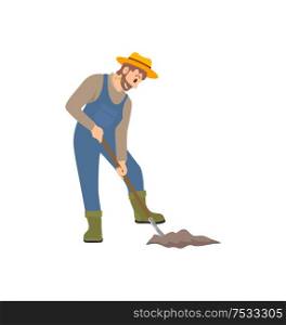 Farming person working on land isolated icon vector. Male wearing uniform and hat digging ground with rural instrument. Planting cultivating farmer. Farming Person Working on Land Vector Illustration