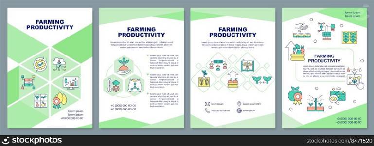 Farming productivity brochure template. Agribusiness. Leaflet design with linear icons. Editable 4 vector layouts for presentation, annual reports. Arial-Black, Myriad Pro-Regular fonts used. Farming productivity brochure template